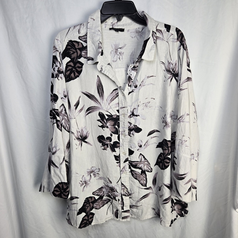 CAROLE LITTLE Linen Blend Floral Shirt Womens 1X Gray Coastal Quiet Luxury